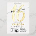Einfach Real Gold White Sweet 16 Geburtstag Folieneinladung<br><div class="desc">Diese einfache, mädchenhafte und elegante 16 . Geburtstag Geburtstagsfeier ist perfekt für den besonderen Tag Ihrer Tochter. Es enthält eine echte Goldfolie "16" und den Namen Ihrer Tochter neben der Schriftzeichen-Typografie auf weißem Hintergrund. Es ist schick, minimal, hübsch, einzigartig und cool. ***WICHTIGE HINWEIS FÜR DESIGN: Bei jeder individuellen Designanforderung, z....</div>