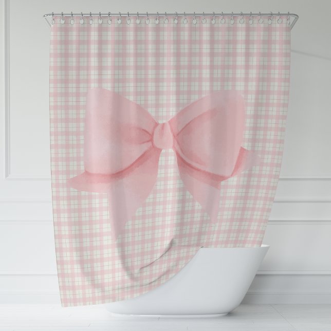 Einfach rosa Bow Kariert Bauernhof Duschvorhang (Simple Pink Bow Plaid Farmhouse Shower Curtain)