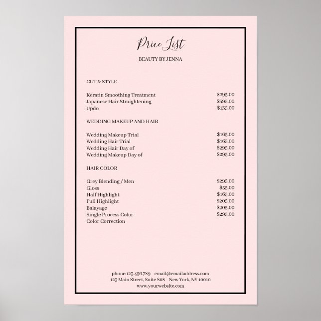 Einfach rosa schwarze Preisliste Poster (Vorne)