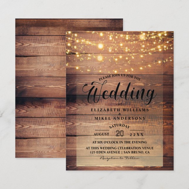 Einfach rustikale Naturholz-Lichter String Hochzei Einladung (Vorne/Hinten)