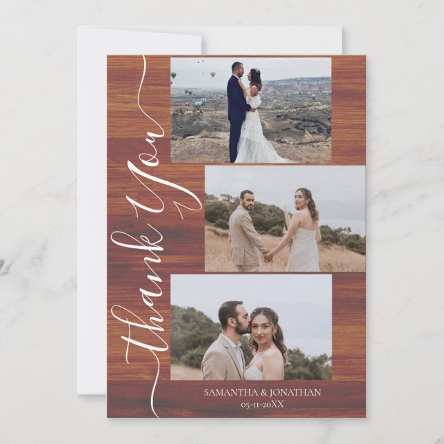 Einfach rustikales Holz Elegant Script 6 Fotos Hoc Dankeskarte (Vorderseite)