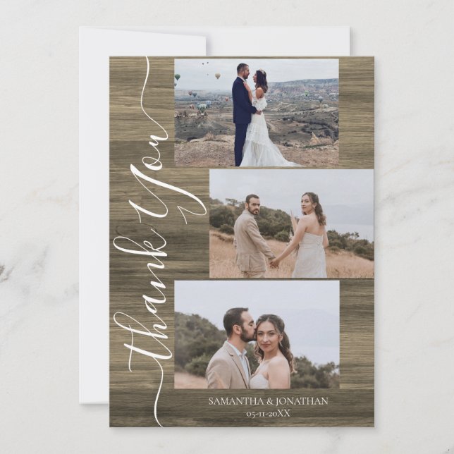 Einfach rustikales Holz Elegant Script 6 Fotos Hoc Dankeskarte (Vorderseite)