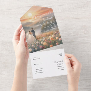 Einfach schicke Blumen-Sonnenaufgang-Hochzeit All In One Einladung