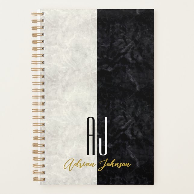 Einfach Schwarz und Weiß Mit Monogramm Planer (Vorderseite)