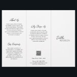 Einfach Schwarz-weißer zeitgemäßer QR-Code Flyer<br><div class="desc">Moderner und beruflicher Schwarzweiß-Trifold-Broschüren-Flyer mit einem einfachen und minimalen Design mit Ihrem Namen in einem eleganten Drehbuch und zeitgenössischen serifenlosen Schriftart. Die Vorlage enthält mehrere geteilte Bereiche für Ihre Dienste in einem minimalistischen Layout. Der Rücken hat Ihre Kontaktdaten und optionalen QR-Code. Wenn Sie es vorziehen, kann der QR-Code im Entwurfstool...</div>