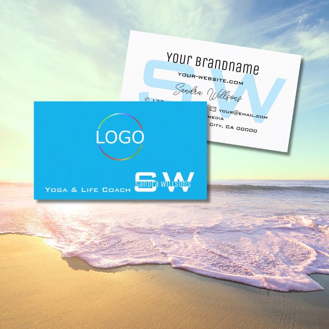 Einfach Sky Blue White mit Monogram und Logo Visitenkarte (Von Creator hochgeladen)