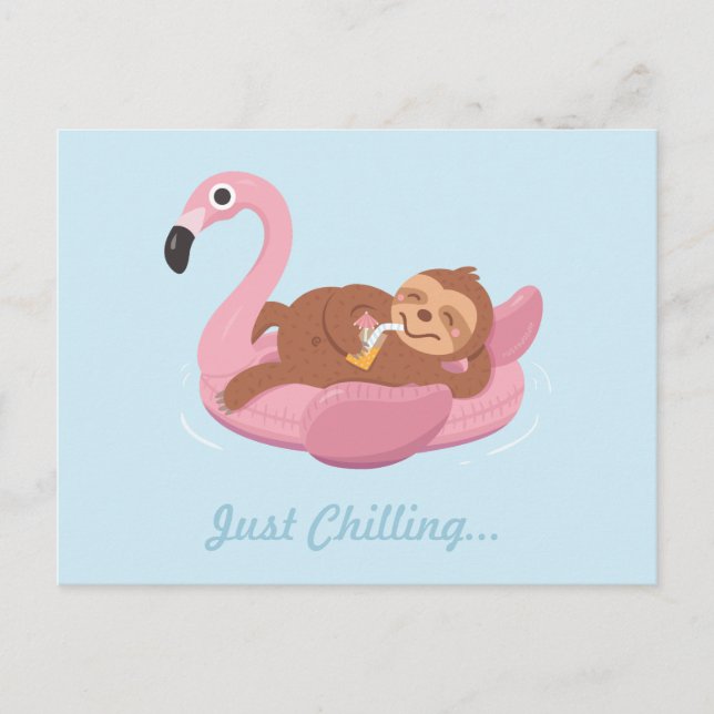 Einfach Sloth Pink Flamingo Float Postkarte abkühl (Vorderseite)