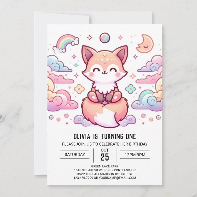 Einfach verzauberter Fuchs 1. Geburtstag Einladung (Vorderseite)