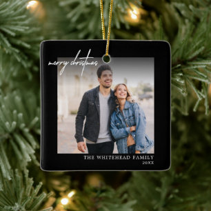 Einfach Weiß frohe Weihnachts-Foto Schwarz Keramikornament
