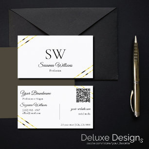 Einfach Weiß mit goldenen Linien, Monogramm und QR Visitenkarte