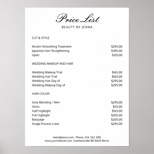 Einfach White Black Preisliste Poster (Vorne)