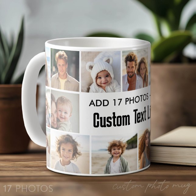 Einfache 17-Foto-Collage mit Textbereich Kaffeetasse (Custom Photo Mug with Lots of Photos)