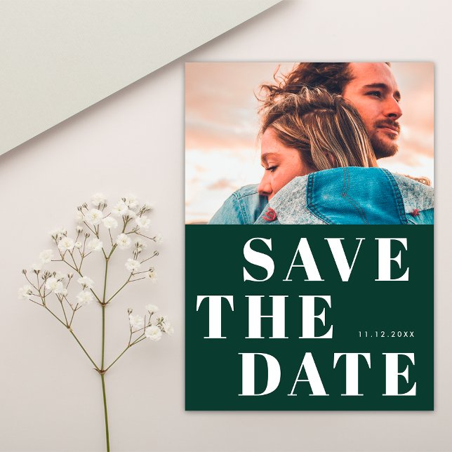 Einfache 1 Foto Fett Smaragdgrüne Weiße Hochzeit Save The Date (Front)