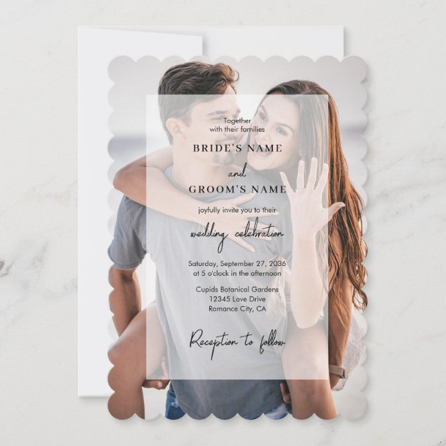 Einfache 2-Foto-Overlay-Skript-Hochzeit Einladung (Vorderseite)