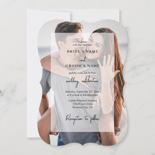Einfache 2-Foto-Overlay-Skript-Hochzeit Einladung (Vorderseite)