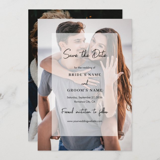 Einfache 2-Foto-Overlay-Skript-Hochzeit Save The Date (Vorne/Hinten)