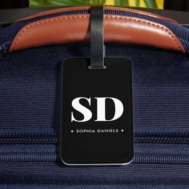 Einfache 2 Monogramm erste Retro-Schwarz-weiß Gepäckanhänger (Rückseite Insitu 4)