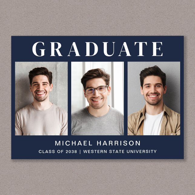 Einfache 3 Foto Blue Abschluss Ankündigung (Cherish the milestone: share your graduate's achievement with a custom photo graduation announcement)