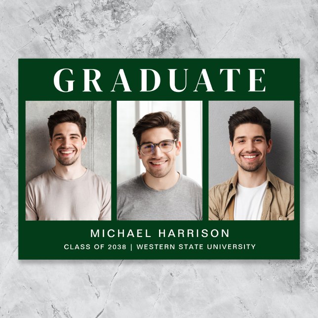 Einfache 3 Foto Grüner Abschluss Ankündigung (Cherish the milestone: share your graduate's achievement with a custom photo graduation announcement)