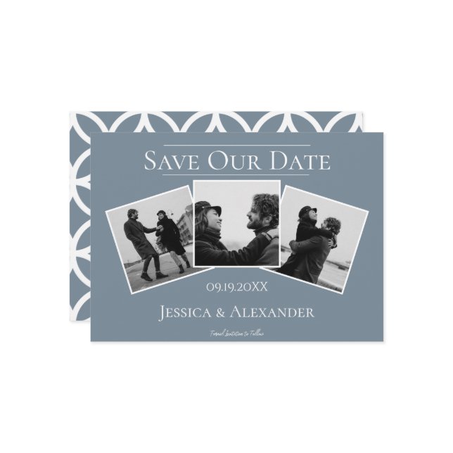 Einfache 3-FotoCollage | Dusty Blue Save the Date (Vorderseite/Rückseite Beispiel)