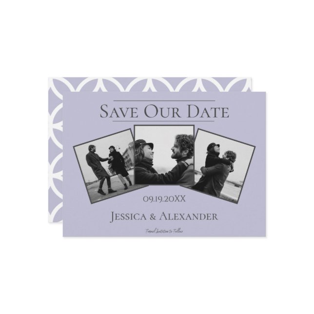 Einfache 3-FotoCollage | Lavendel Save the Date (Vorderseite/Rückseite Beispiel)