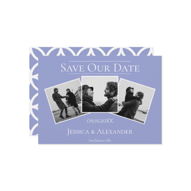 Einfache 3-FotoCollage | Periwinkle Save the Date (Vorderseite/Rückseite Beispiel)