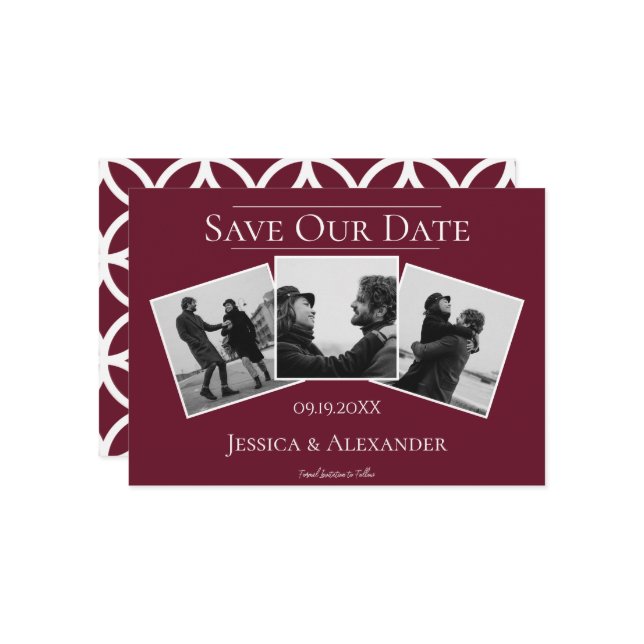 Einfache 3-FotoCollage | Roter Wein Save the Date (Vorderseite/Rückseite Beispiel)
