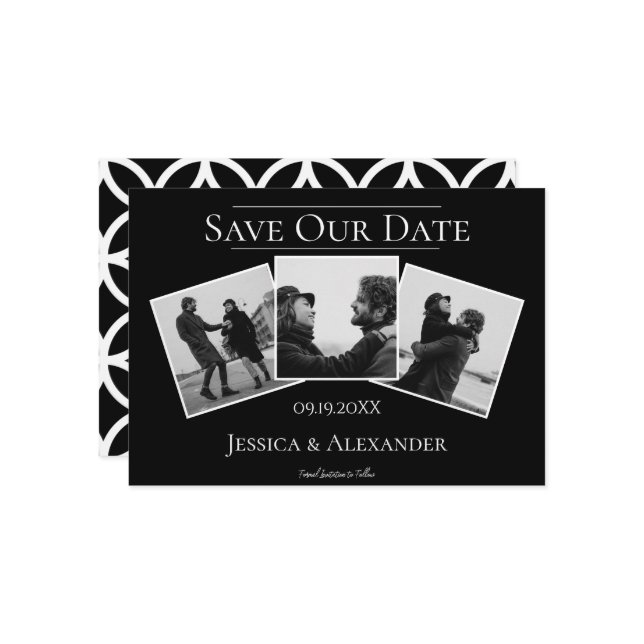 Einfache 3-FotoCollage | Schwarz Save the Date (Vorderseite/Rückseite Beispiel)