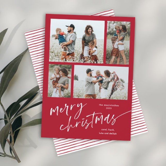 Einfache 4 Foto Collage Script Frohe Weihnachten (Simple red and white modern merry christmas script photo holiday card with matching stripe backer.)