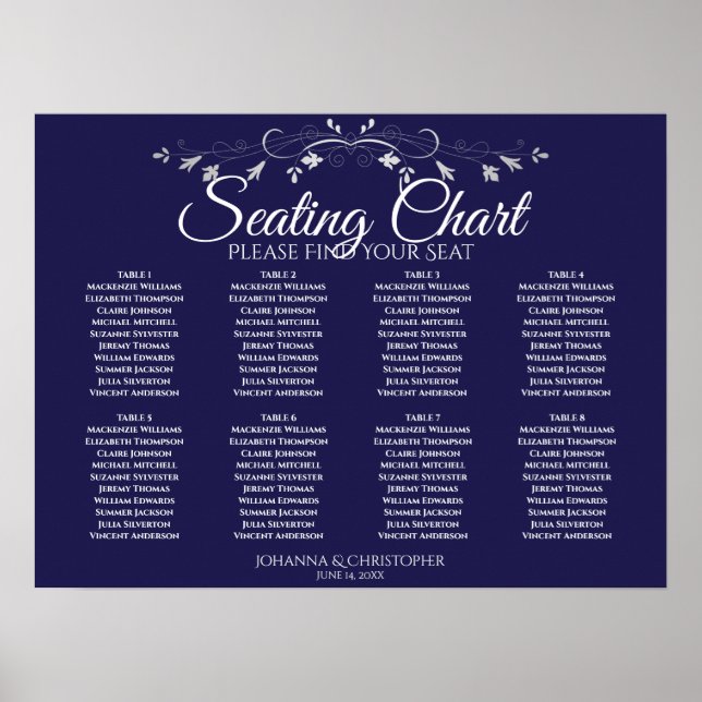 Einfache 8-Tisch-Navy Blue Hochzeitskarte Poster (Vorne)