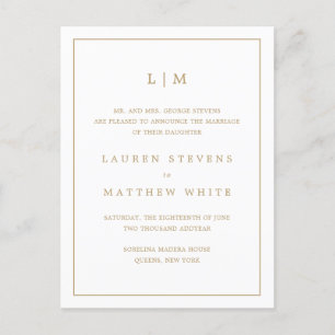 Einfache antike Gold Monogram Elegante Hochzeit Ankündigungspostkarte