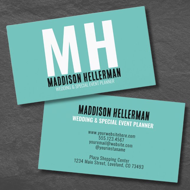 Einfache Aquamarin-moderne Monogramm Visitenkarte (Simple Stylish Teal Modern Monogram Business Card )