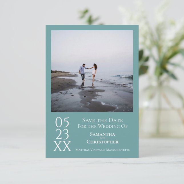 Einfache Aquamarine Moderne Minimalistische Foto H Save The Date (Stehend Vorderseite)