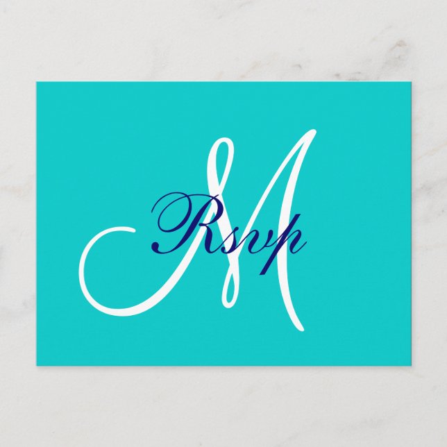 Einfache Aquamarine Navy Blue Monogram Wedding RSV Einladungspostkarte (Vorderseite)
