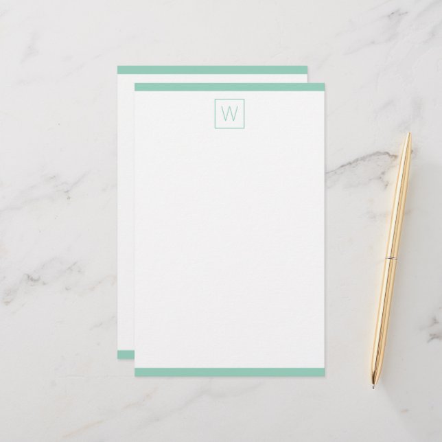 Einfache Aquamarine und weiße Monogramm Briefpapier (Vorderseite/Rückseite Beispiel)