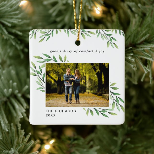 Einfache Aquarellfarben Blätter Modernes Foto Keramikornament (Baum)