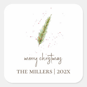 Einfache Aquarellgrün Personalisiert Weihnachten Quadratischer Aufkleber