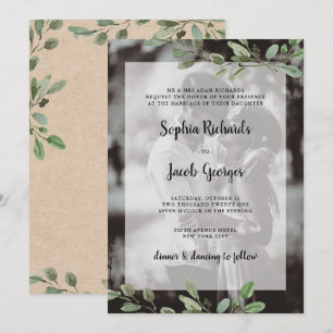 Einfache Aquarellgrüne Kraft Foto Wedding Einladung
