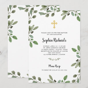 Einfache Aquarellgrüne mit Goldkreuz Einladung