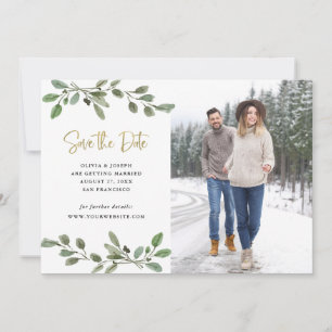 Einfache Aquarellgrüne und Gold-Foto Save The Date