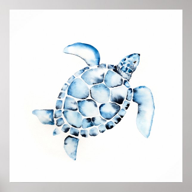 Einfache Aquarellmeerschildkröte Malerei Blau Poster (Vorne)
