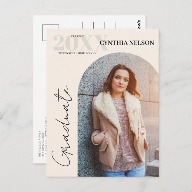 Einfache Arch Foto Beige Abschluss Ankündigung Postkarte (Vorne/Hinten)