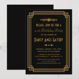 Einfache Art Deco Black Birthday Party - Einladung