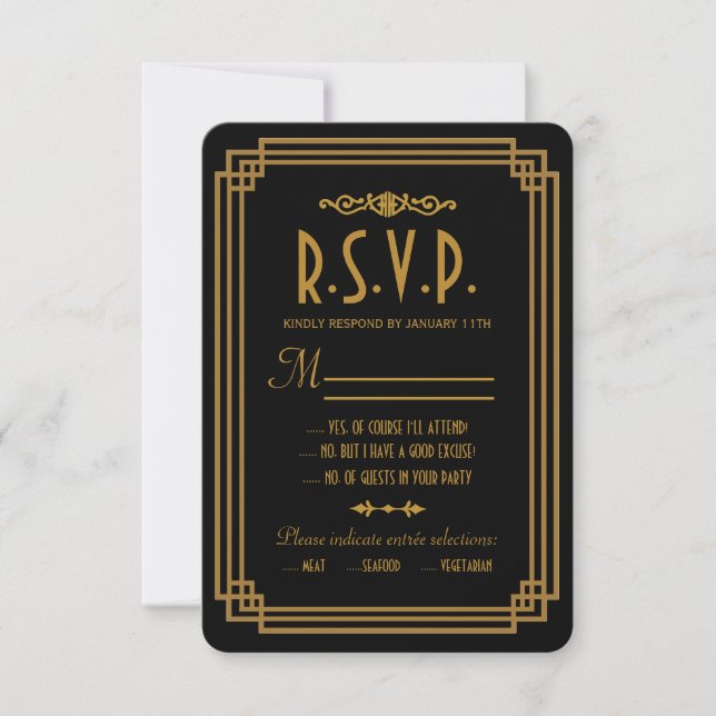 Einfache Art Deco Black Wedding Response Cards RSVP Karte (Vorderseite)