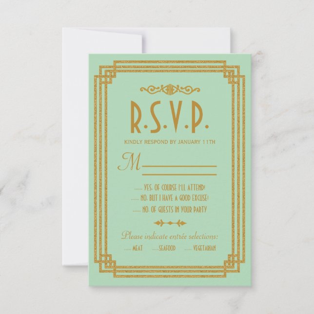 Einfache Art Deco Mint Hochzeitskarten RSVP Karte (Vorderseite)