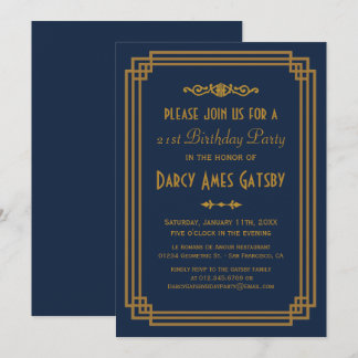 Einfache Art Deco Navy Geburtstagsparty lädt ein Einladung