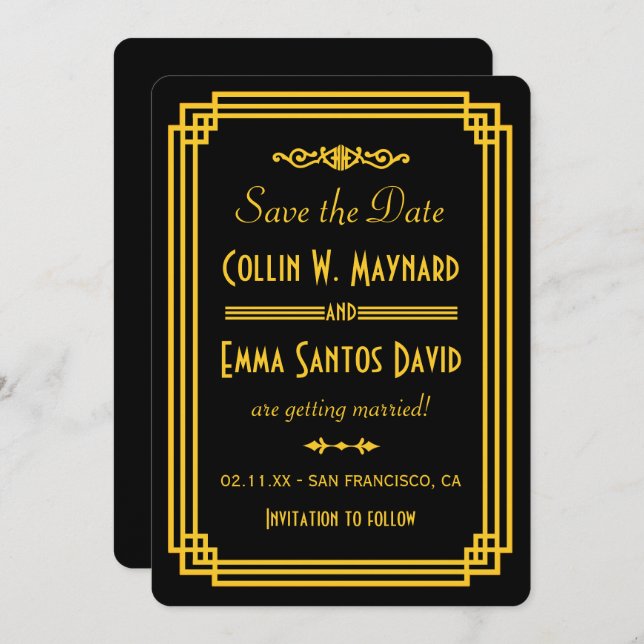 Einfache Art Deco Schwarz und Gold Save the Date Einladung (Vorne/Hinten)