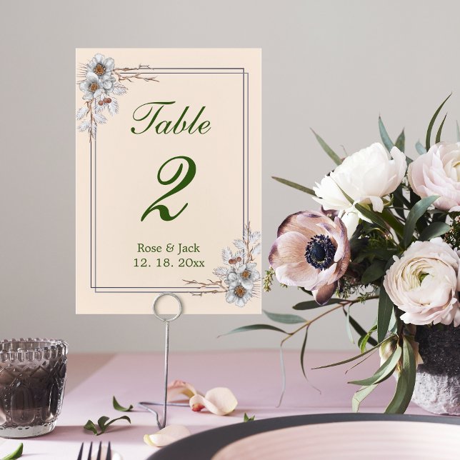Einfache ästhetische Winterhochzeit Empfang Tischnummer (Winter wedding reception table number. simple and beautiful. aesthetic.)