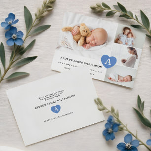 Einfache Baby Boy Foto Collage Blue Monogram Herz Ankündigung