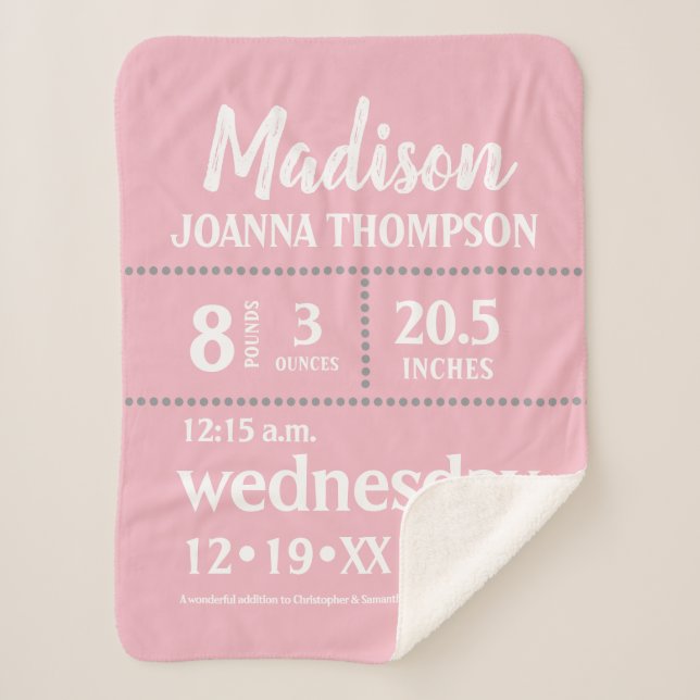 Einfache Baby Girl Geburtsinformation Rosa Grau Sherpadecke (Vorderseite)